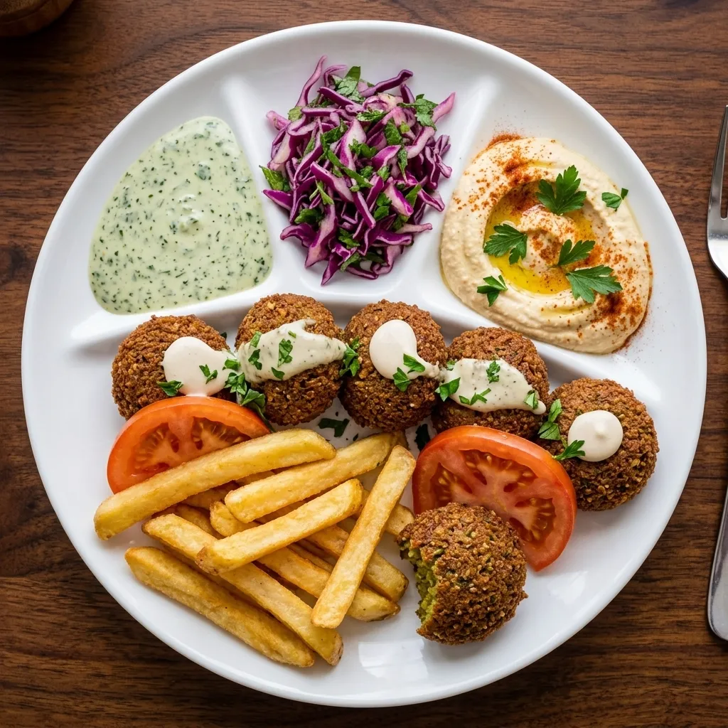 Falafel platter topped with hummus, salad and pita at King's Restaurant