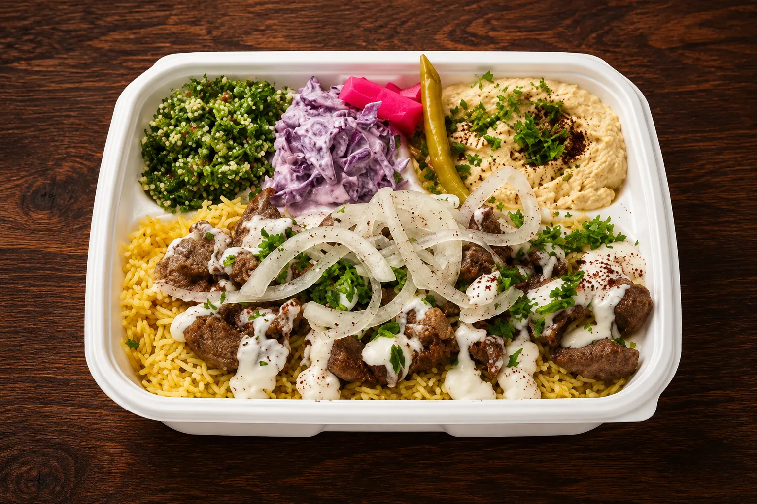 Beef Platter at Kings Restaurant - beef shawarma platter with hummus and salad