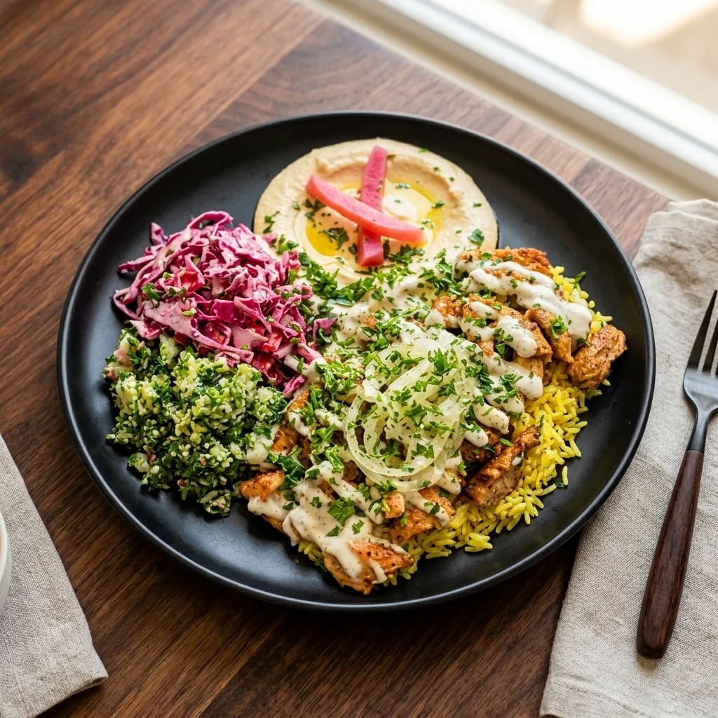 Chicken Platter at King's Restaurant – Middle Eastern shawarma with rice and salad